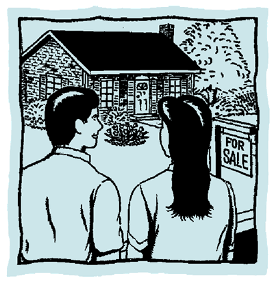 Picture of man and woman looking at house with a "for sale" sign