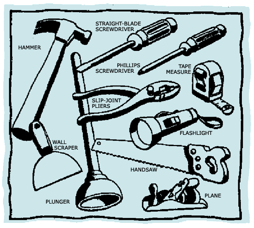 hammer, straight-blade screwdriver, phillips screwdriver, tape measure, slip-joint pliers, flashlight, wall scraper, handsaw, plunger, plane